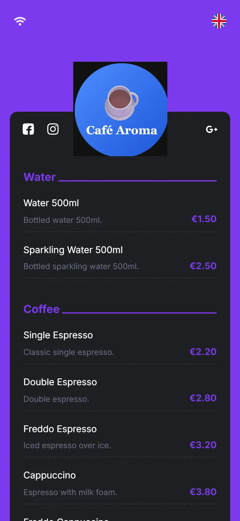 The public QR menu on a phone with the store logo, social icons, Water and Coffee categories and products with prices