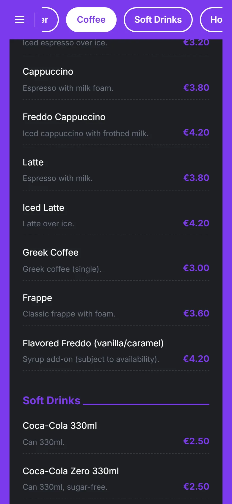 Public menu products on a phone with names, descriptions and prices per category