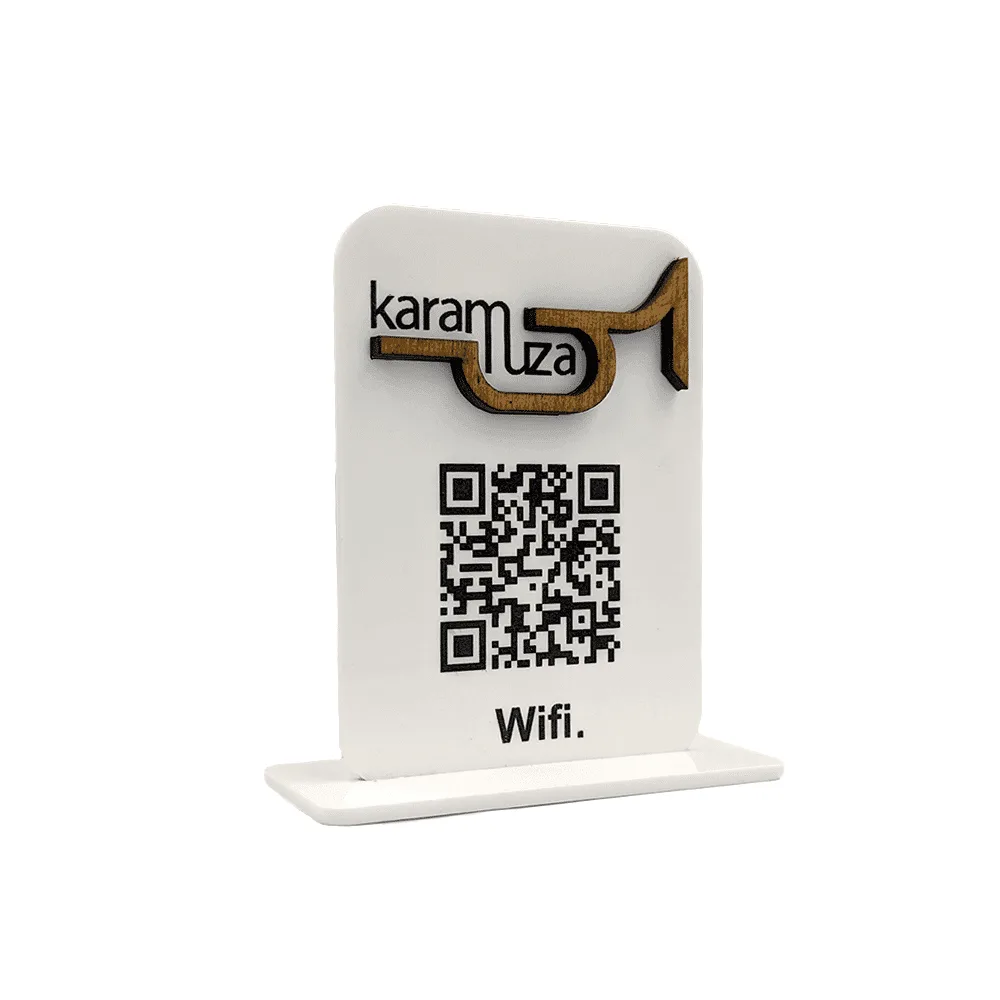 Λευκό ακρυλικό QR stand με ξύλινο λογότυπο